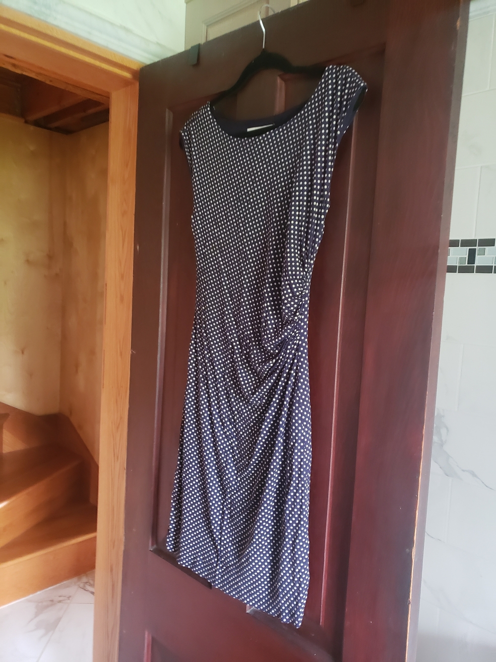 LOFT Navy and White Polka Dot Midi Dress